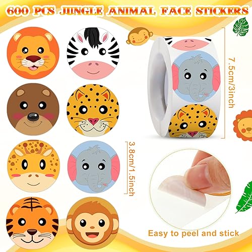 Miniatura 3 de Fumete 600 calcomanías de animales de la selva, rollo de 1.5 pulgadas, adorables calcomanías de cara redonda de zoológico, rollo perforado,