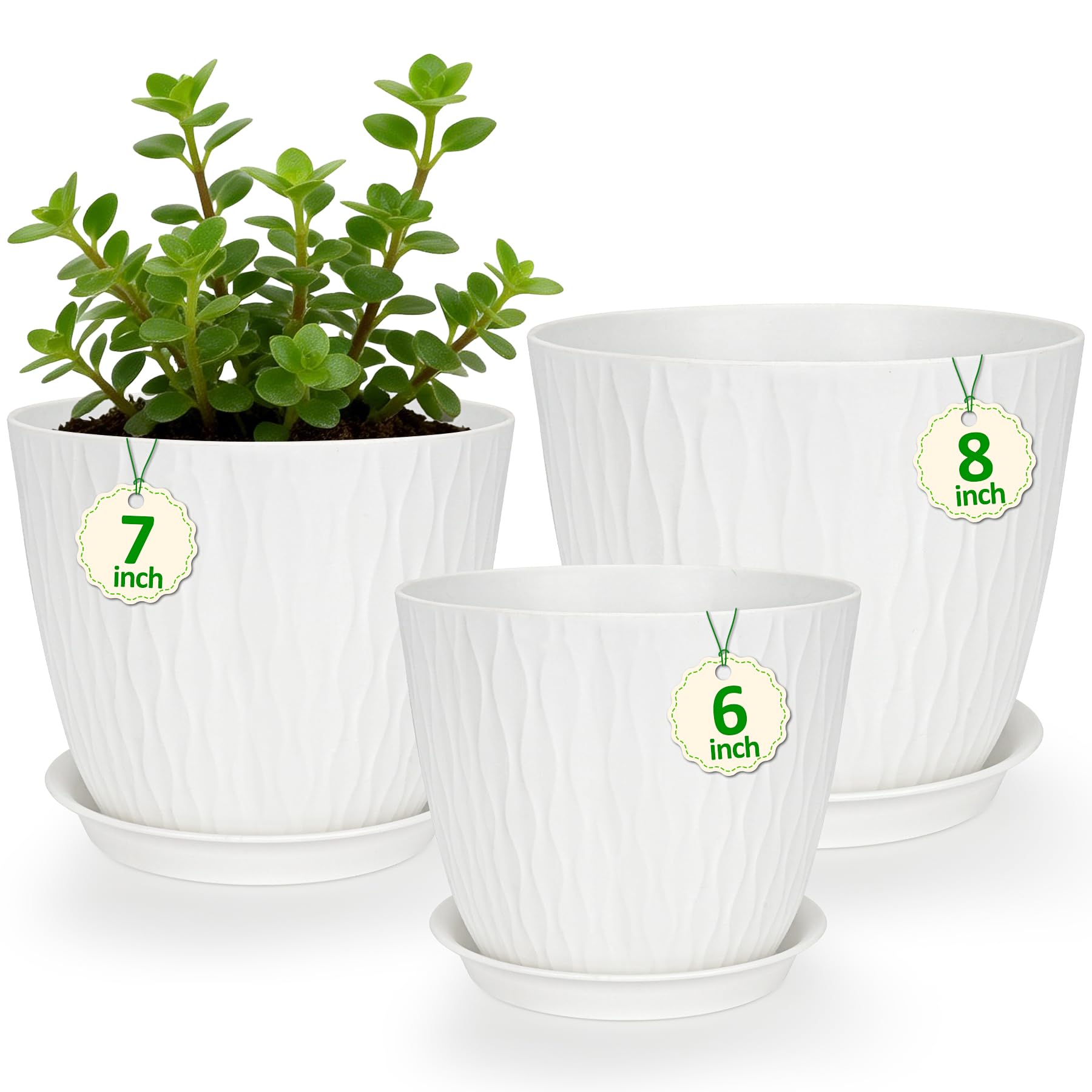 CSYY Plant Pots Indoor, Plastic Planters with Drainage Holes and Saucer, Decorative Stripe Grooves Flower Pots for Indoor Outdoor Houseplants (White, 8/7/6in) โ image 1