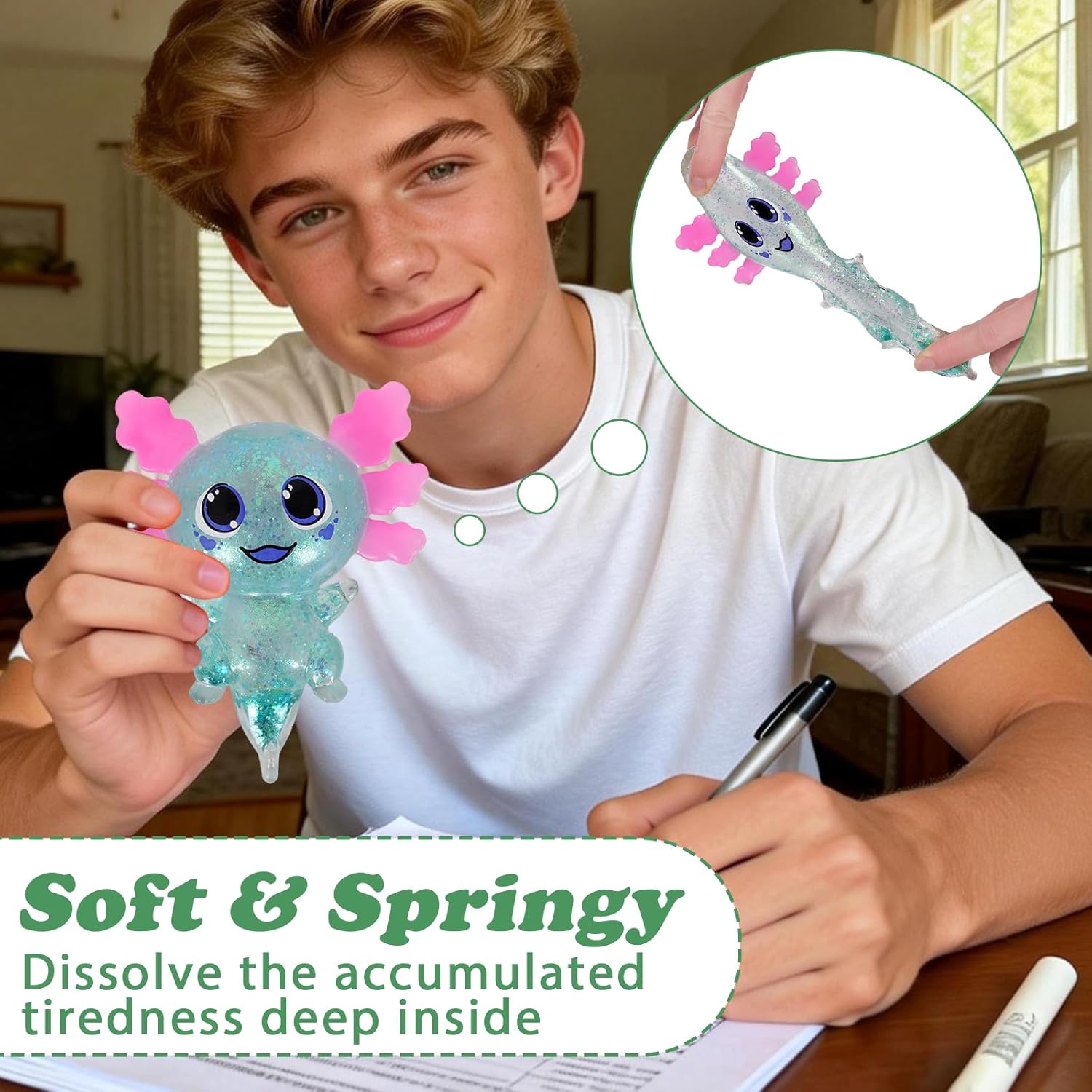 Axolotl Squishy Stress Ball, Soft TPR Slow Rising Squeeze Toy, Cute Axolotl Fidget Toy for Stress Relief, Anxiety Calming Sensory Toy for Kids Adults(Green BigEars Axolotl)