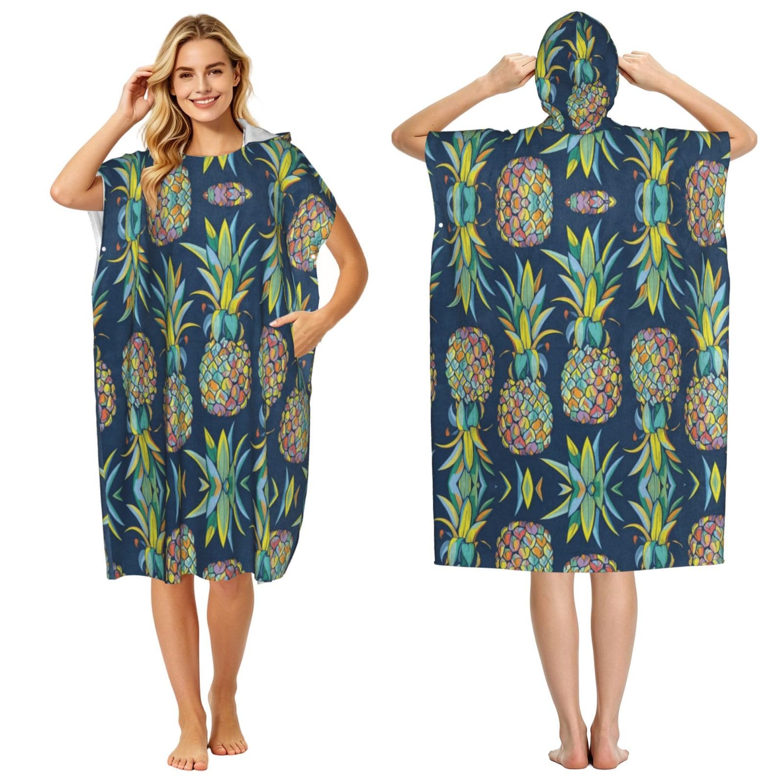 EZDLOWVBA Tropical Fruit Pineapple Print Hooded Poncho Microfiber Beach Towel,Adult Women & Men Changing Robe,Lightweight Summer Surf Swim Bath Poncho Towel