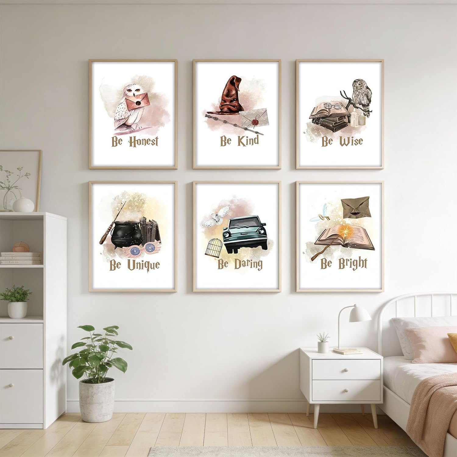 6 pcs Vintage Magic Canvas Wall Art Express Train Owl Magic Castle Picture Wall Decor Magic Lovers Kind and Honest Posters Print Artwork for Kids' Baby Nursery Home Decoration (Magic Girls, L12''×W16'')