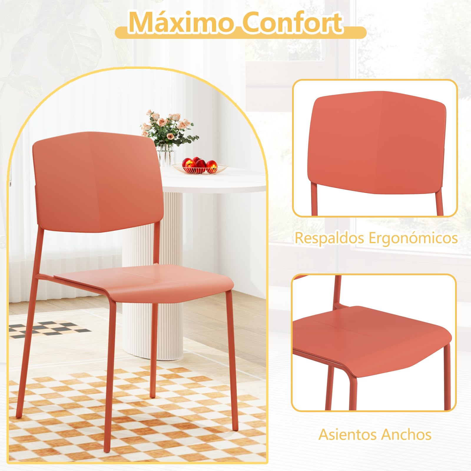 GIANTEX Juego de 4 Sillas de Comedor Apilables, Sillas de Cocina con Respaldo y Asiento Ancho de Polipropileno, Sillas con Patas de Metal, Carga hasta 160 kg, para Comedor, Cocina (Multicolor)