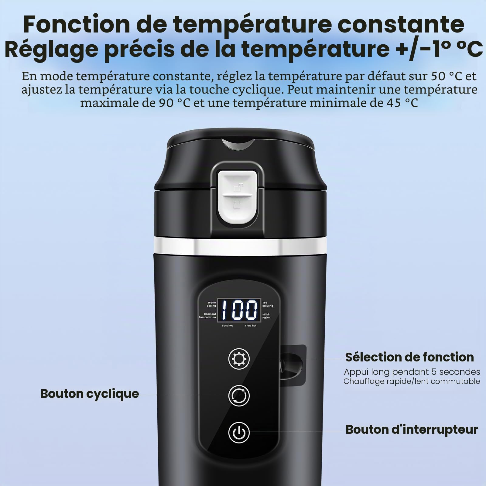 Bouilloire électrique pour voiture, tasse chauffante 500 ml, bouilloire de voyage, mini café électrique 12 V, réglage de la température variable jusqu'à 100 °C, pour camion, camping