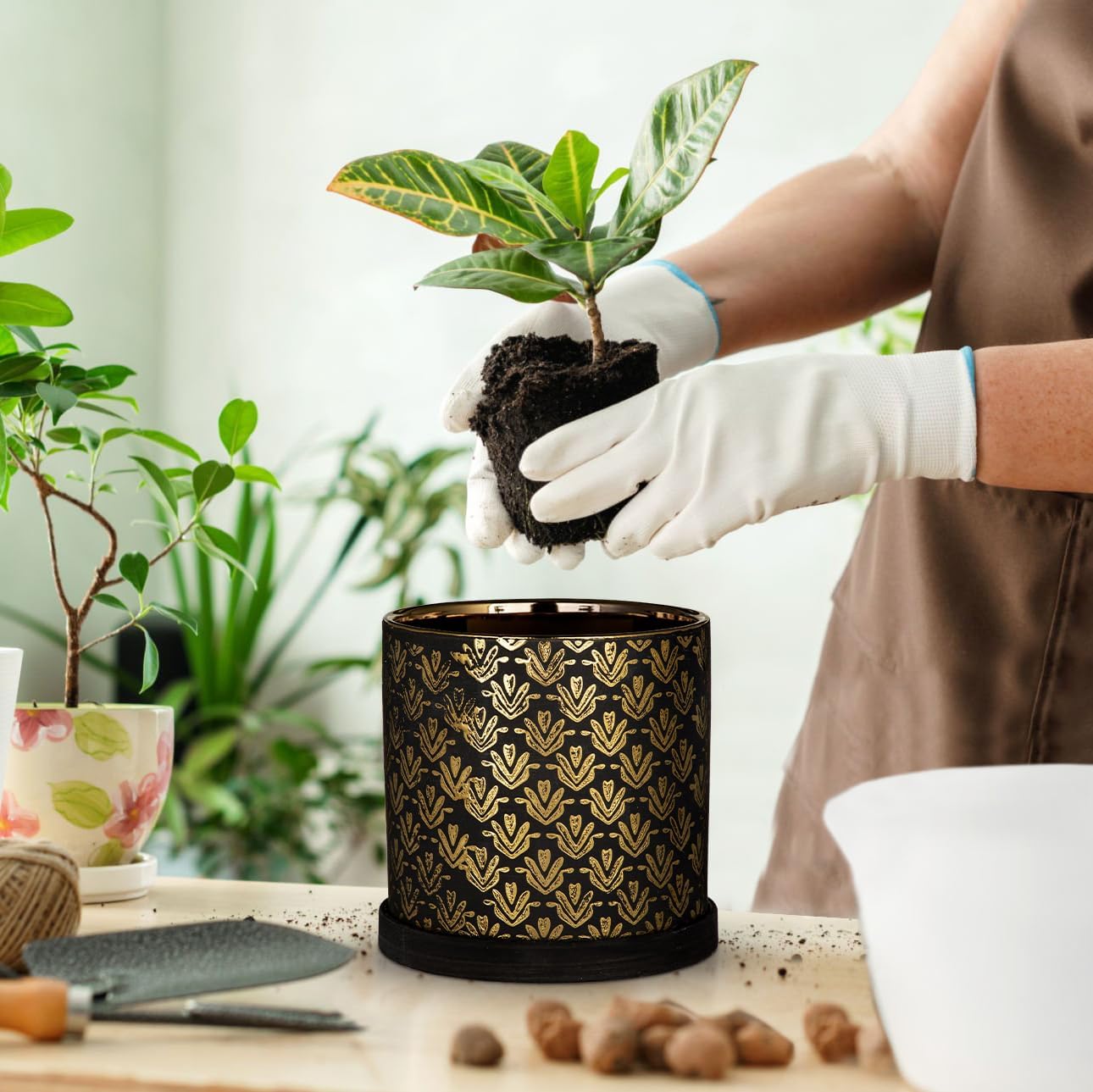 Ceramic Plant Pots with Drainage Hole & Saucer, Black & Gold Ceramic Planter Pot for Indoor & Outdoor Use, 5.5" Small Plant Pots Decorative Flowerpots for Succulents, Herbs, Cactus, Orchids Planter image 4