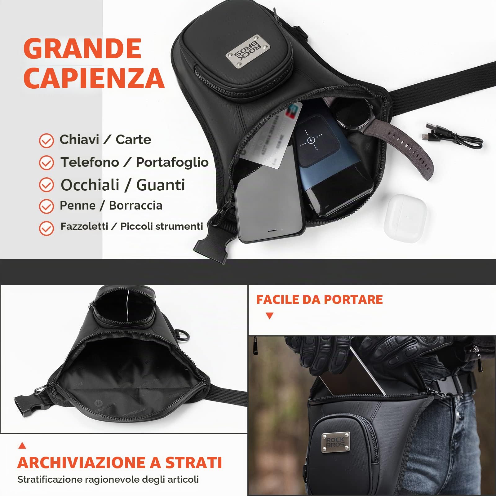 ROCKBROS Marsupio da Gamba Moto, Borsa Sportivo a Tracolla, Marsupio Cosciale Uomo Donna, Multifunzionale per Attività Outdoor, Grande Capacità