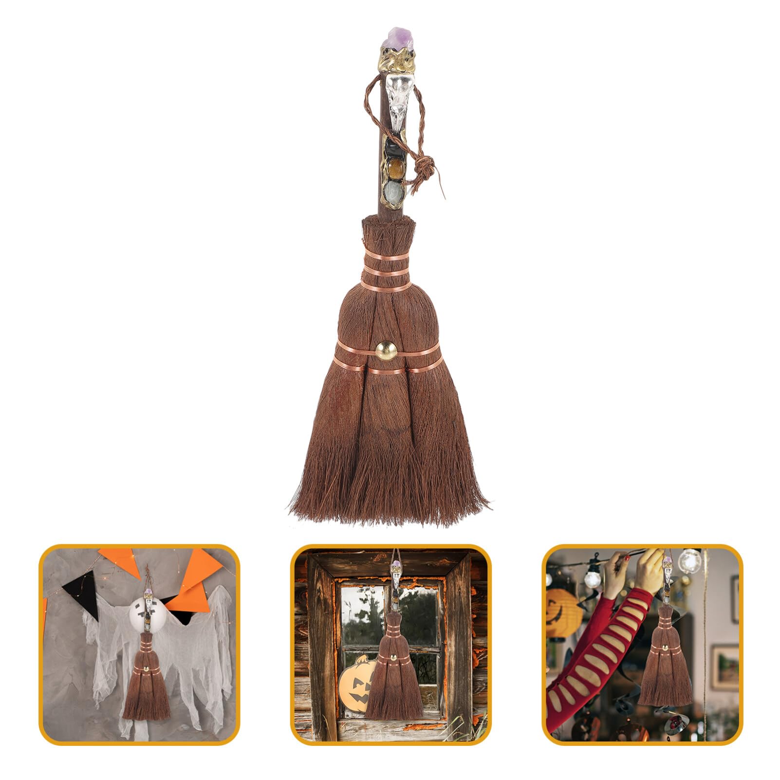 VILLCASE Halloween Decorations Crystal Witch Wiccan Altar Broom Halloween Broom Pendant Crystal Wand Miscanthus Broomstick Wall Decor Witchcraft Accessories Mini Broom
