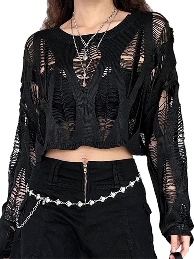 Gothic Crop Tops for Women Hollow Out Fishnet Grunge Clothes Y2k