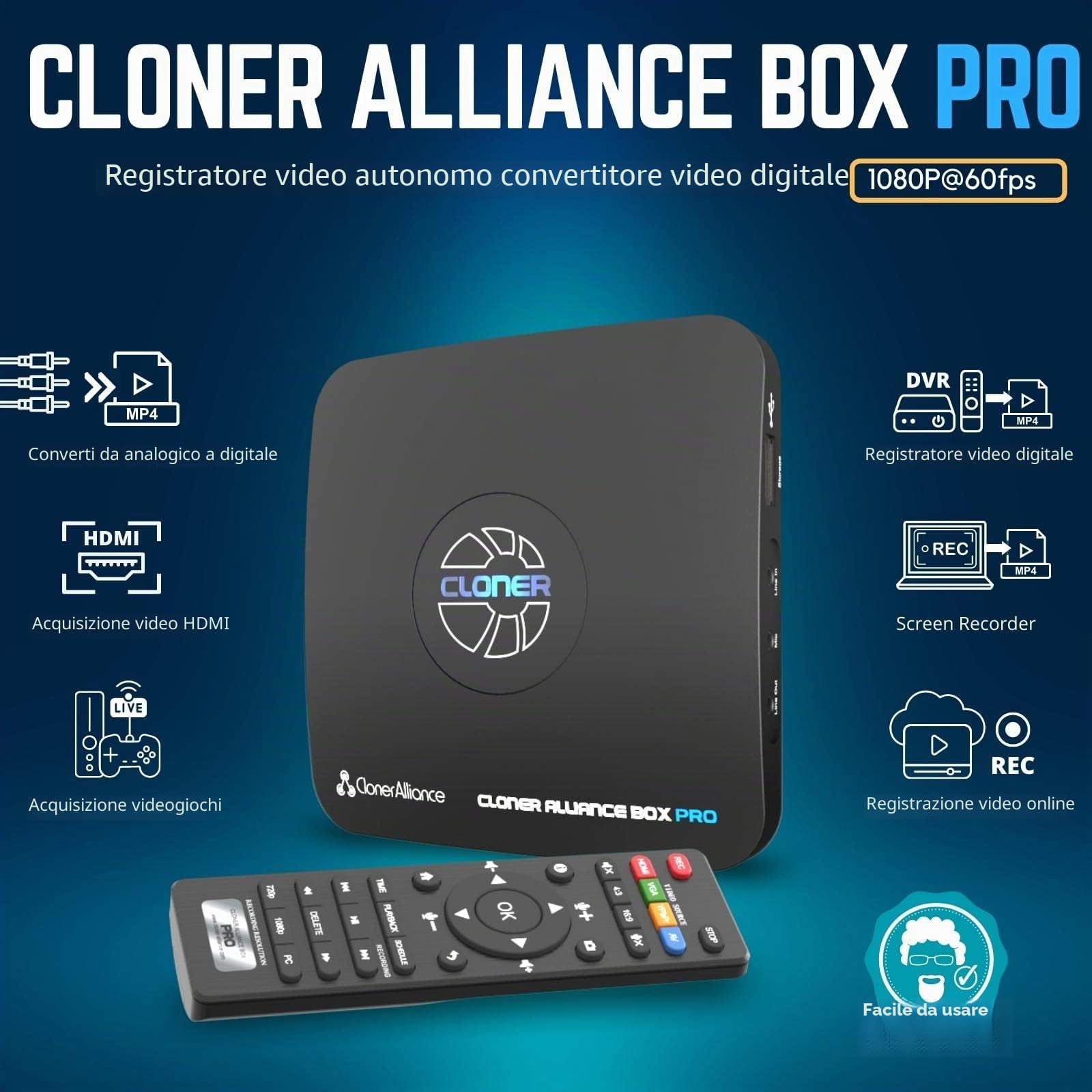 ClonerAlliance Box Pro, videoregistratore 1080p@60fps, DVR con Capture HDMI, riproduzione su TV. Convertitore da RCA/YPbPr/VGA a digitale. Nessun computer richiesto. Supporta PVR/OTA.