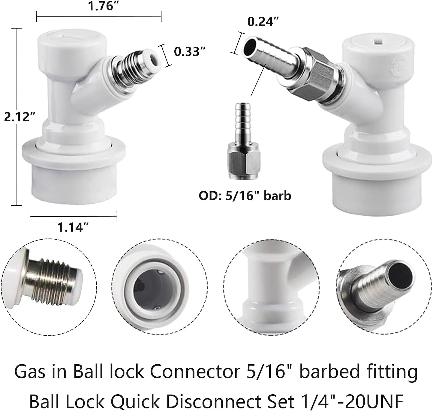 2 Pairs Ball Lock Keg Disconnect Set for Corny Keg Home Brewing Cornelius Keg Coupler Kit with Stainless Steel 3/16'' Liquid & 5/16'' Gas Barbs Quick Connector for Beer and CO₂ Lines by GWENBHMTOOL