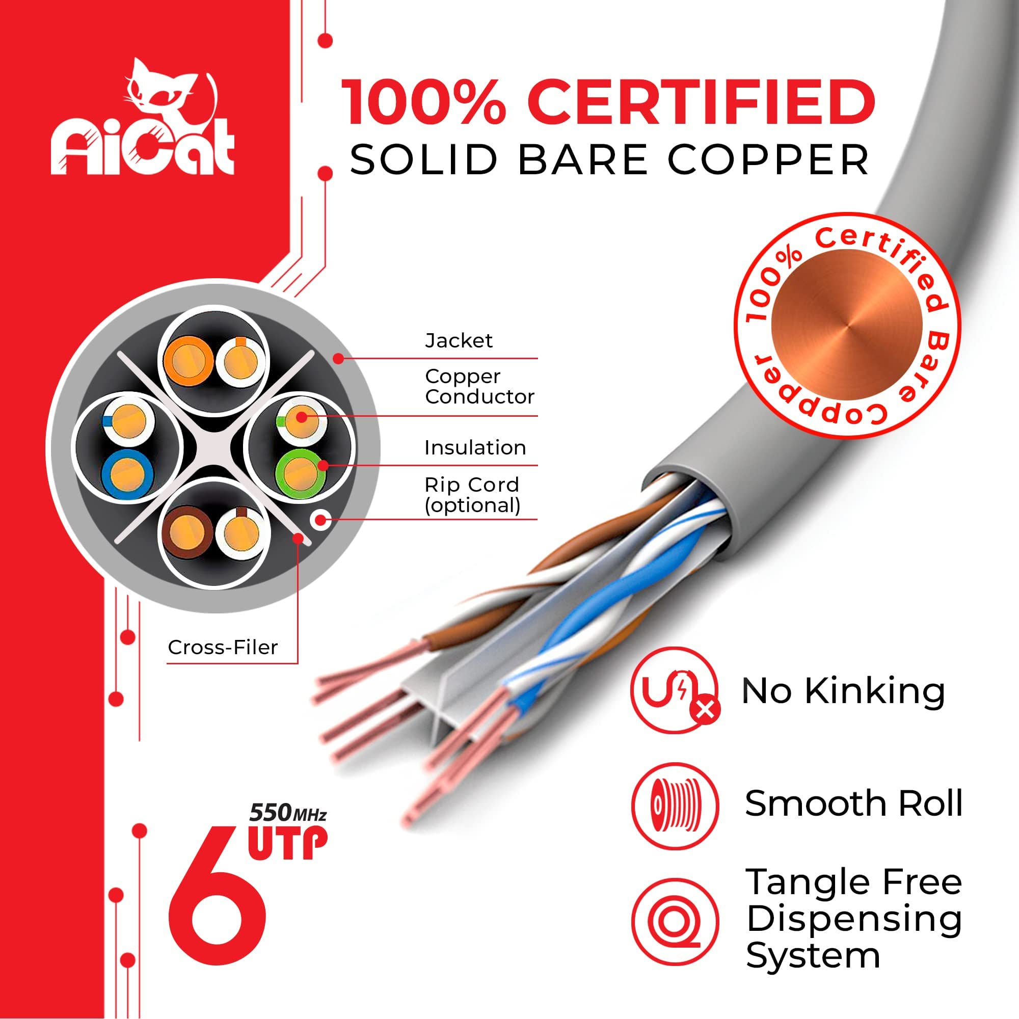 Ai6-Outdoor-500ft AiCat Cat6 Outdoor Ethernet Cable Direct Burial Unshielded Riser CMX Rated 500ft, UV Resistant 23AWG Solid Bare Copper, 550MHz