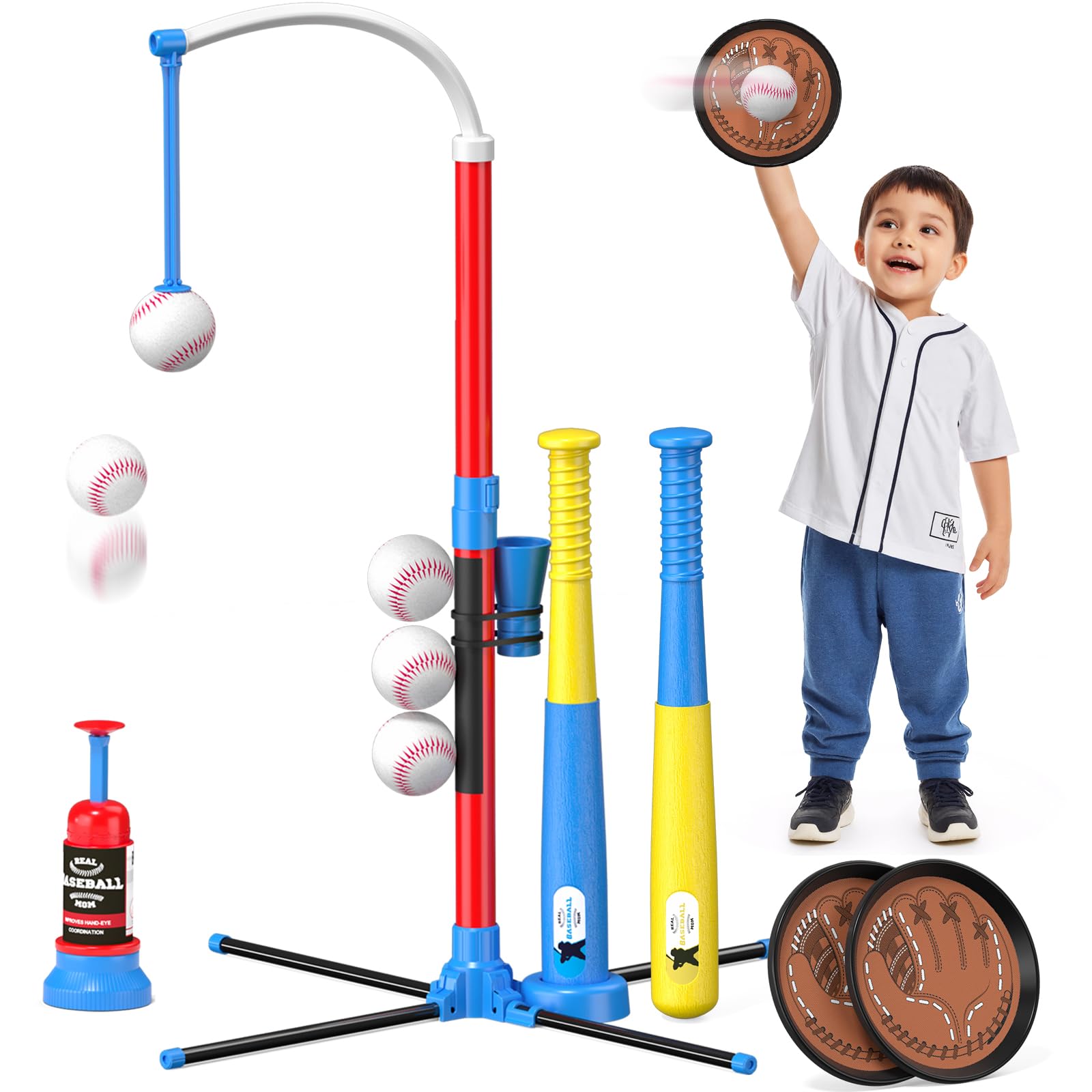 QDRAGON 4 in 1 Tball Set for Toddlers 3-5 with Toss and Catch Ball Set/ 2 Bats, Hanging Tee Ball Stand with Auto Pitching Machine, Indoor Outdoor Sport Toys Christmas Birthday Gifts for Boys Girls