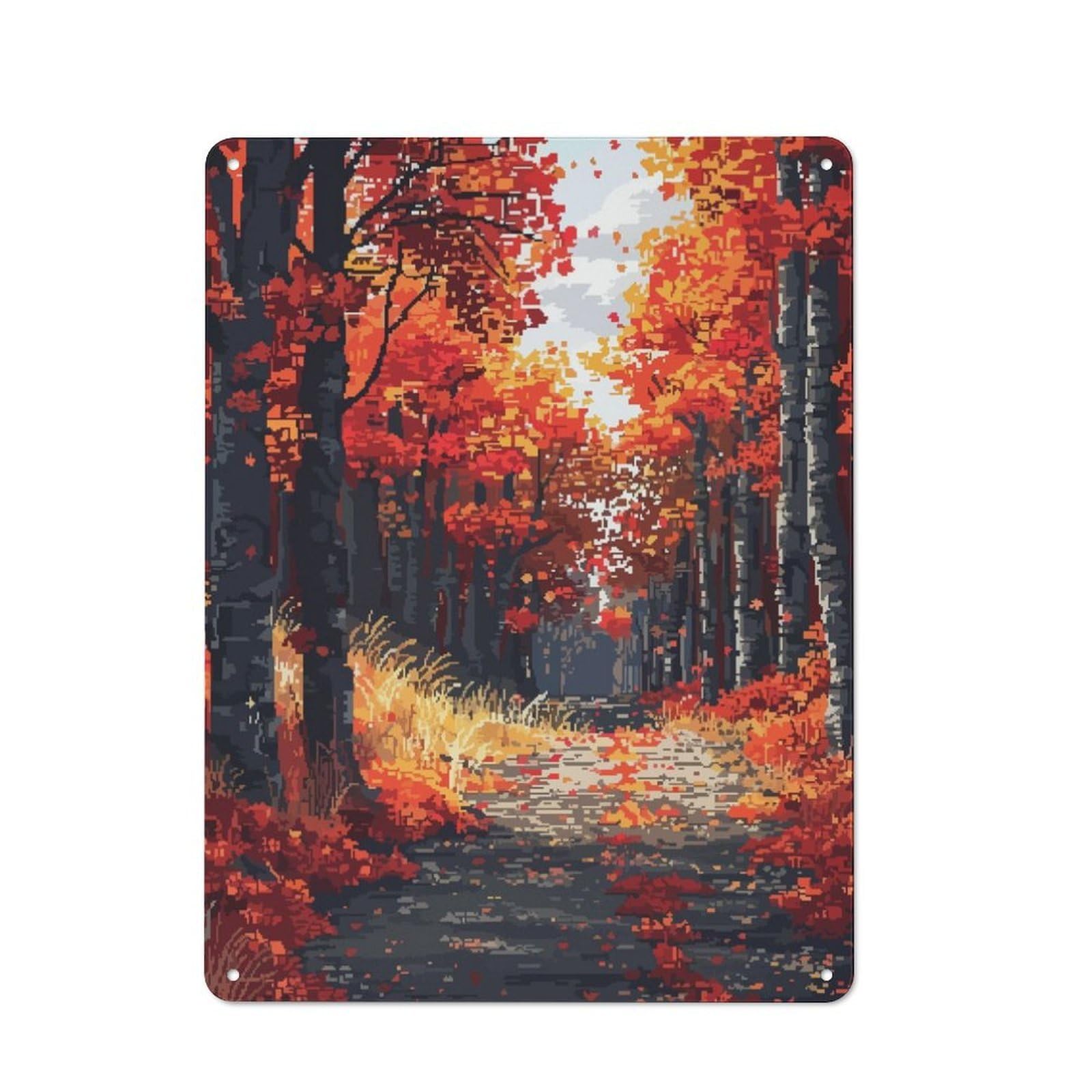 Junmoney Autumn Path Pixel Art Retro Metal Sign 40X30cm For Garage Wall, For Home Interiors And Metal Sign Collectors