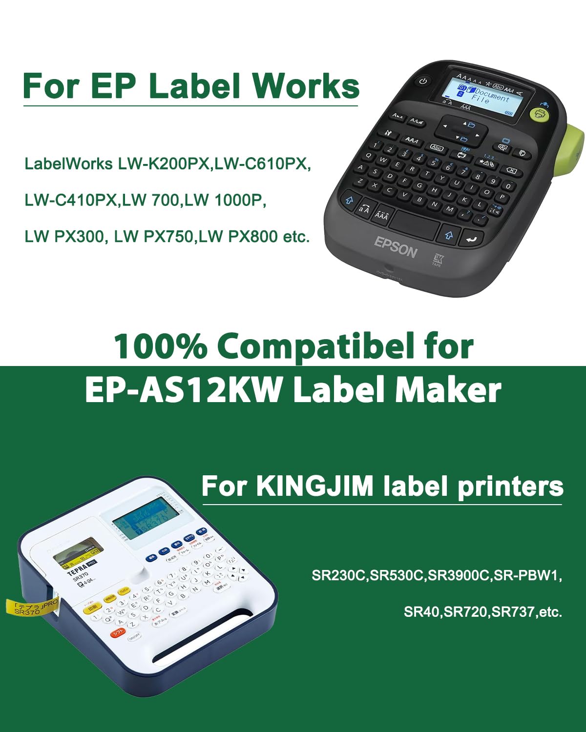 NineLeaf kompatibel mit Epson LW Schriftband LK-4WBN AS12KW SS12KW 12mm × 8m Schwarz auf Weiß Etikettenband für LabelWorks LW-300 LW-300L LW-400 LW-500 LW-600P LW-700 LW-900P KingJim, 10PK