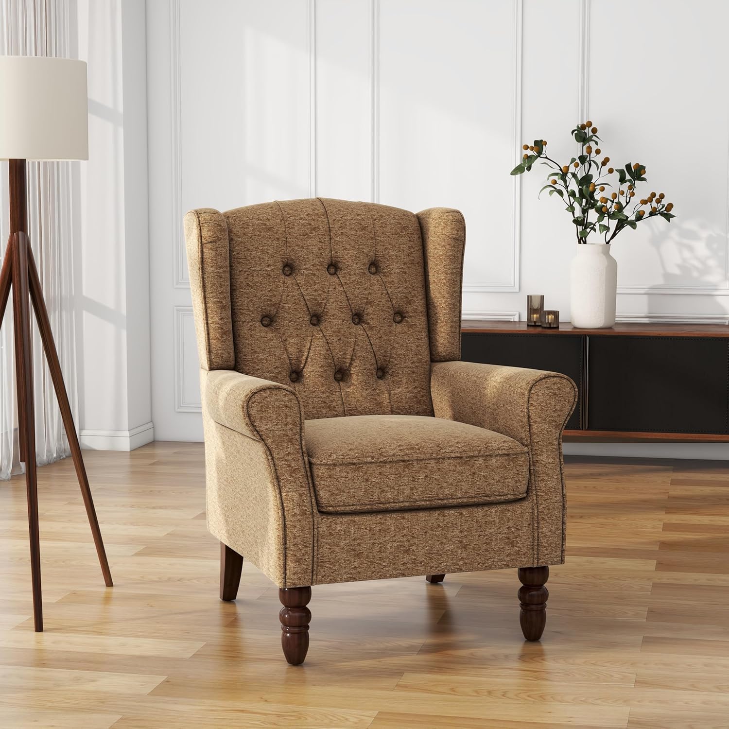 UIXE High Back Accent Chairs Set of 2, Fabric Upholstered Armchair Retro Wingback Arm Chair for Living Room, Comfy Single Sofa Bedroom Retro Reading Seat with Solid Wood Legs - Brown