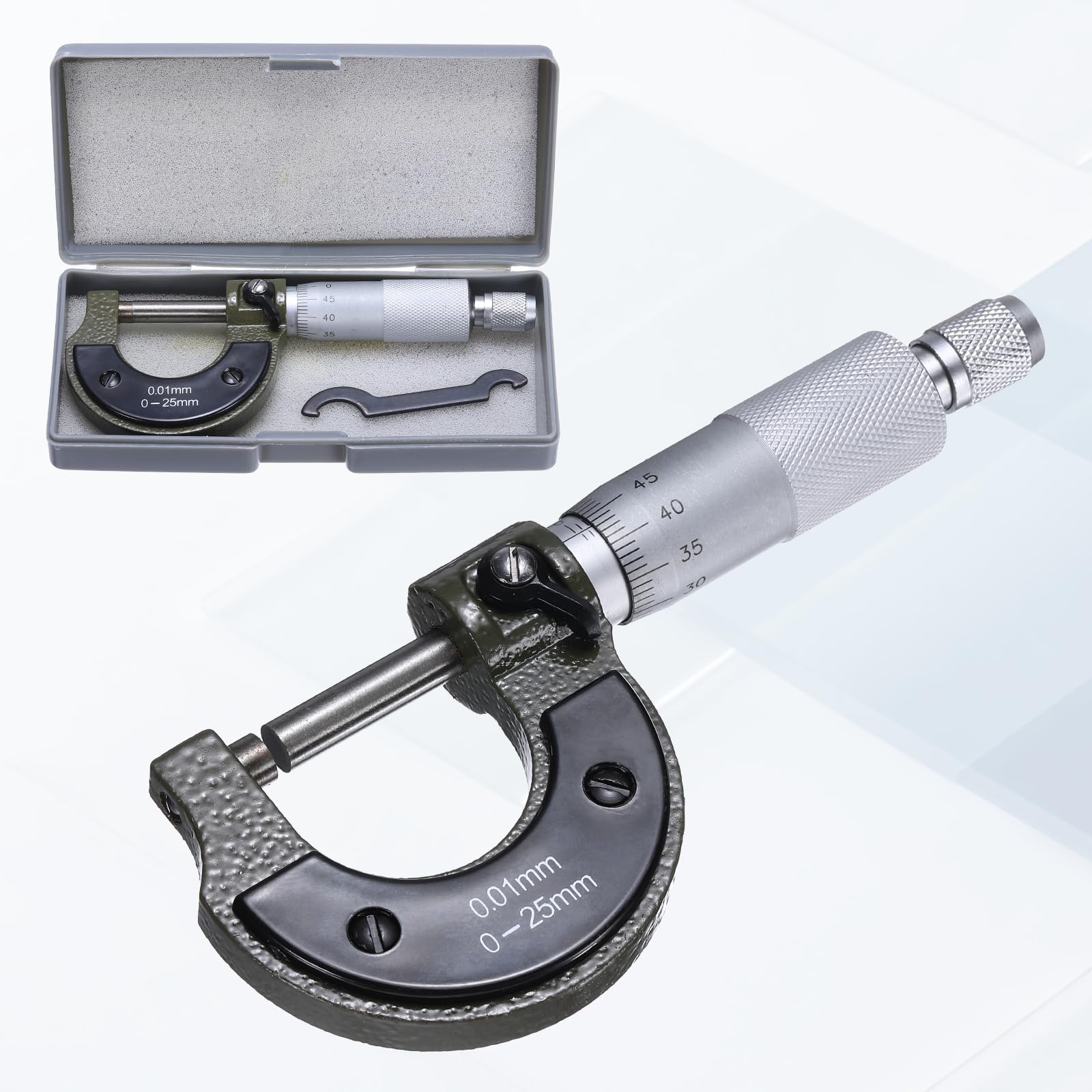 Herramienta de medición de precisión de grado industrial para metal, con rango métrico de 0 a 25 mm y precisión de +/-0,01 mm, con tope de trinquete, para maquinistas e ingenieros. Color gris.