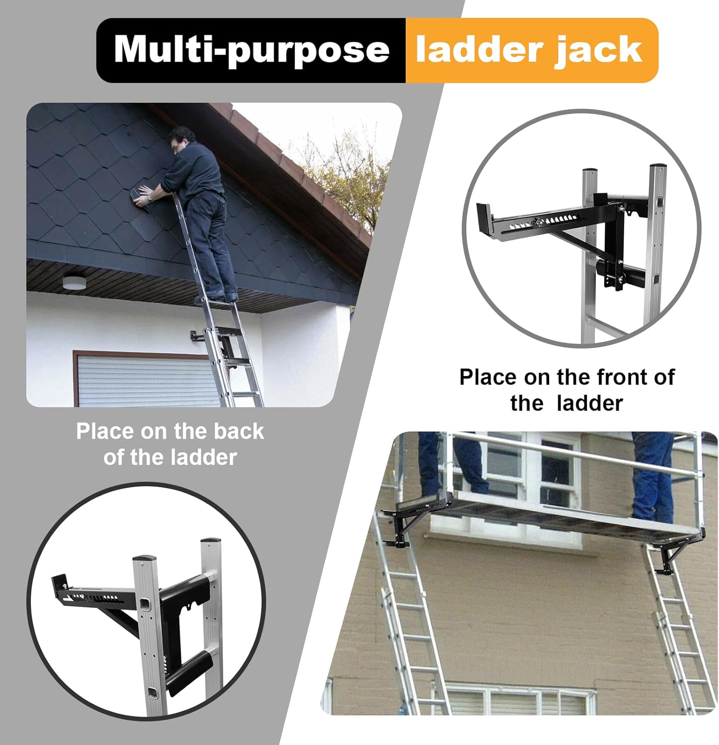 Ladder Jacks Bracket Extension, 2 Pack Adjustable Scaffold Bracket, Two-Rung Short Body Extension, Withstand 250 LBS, 2PCS for Working 20 inch Stage, Upgraded Platform Accessories, 1 Pair, Black