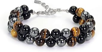 Triple Protection Bracelet for Men, HASKARE Natural Stone Tiger Eye Hematite Obsidian Handmade Mens Jewelry Beads Bracelet Balance Chakra Healing Crystal Protection Bracelet Durable Wire Bead Bracelet
