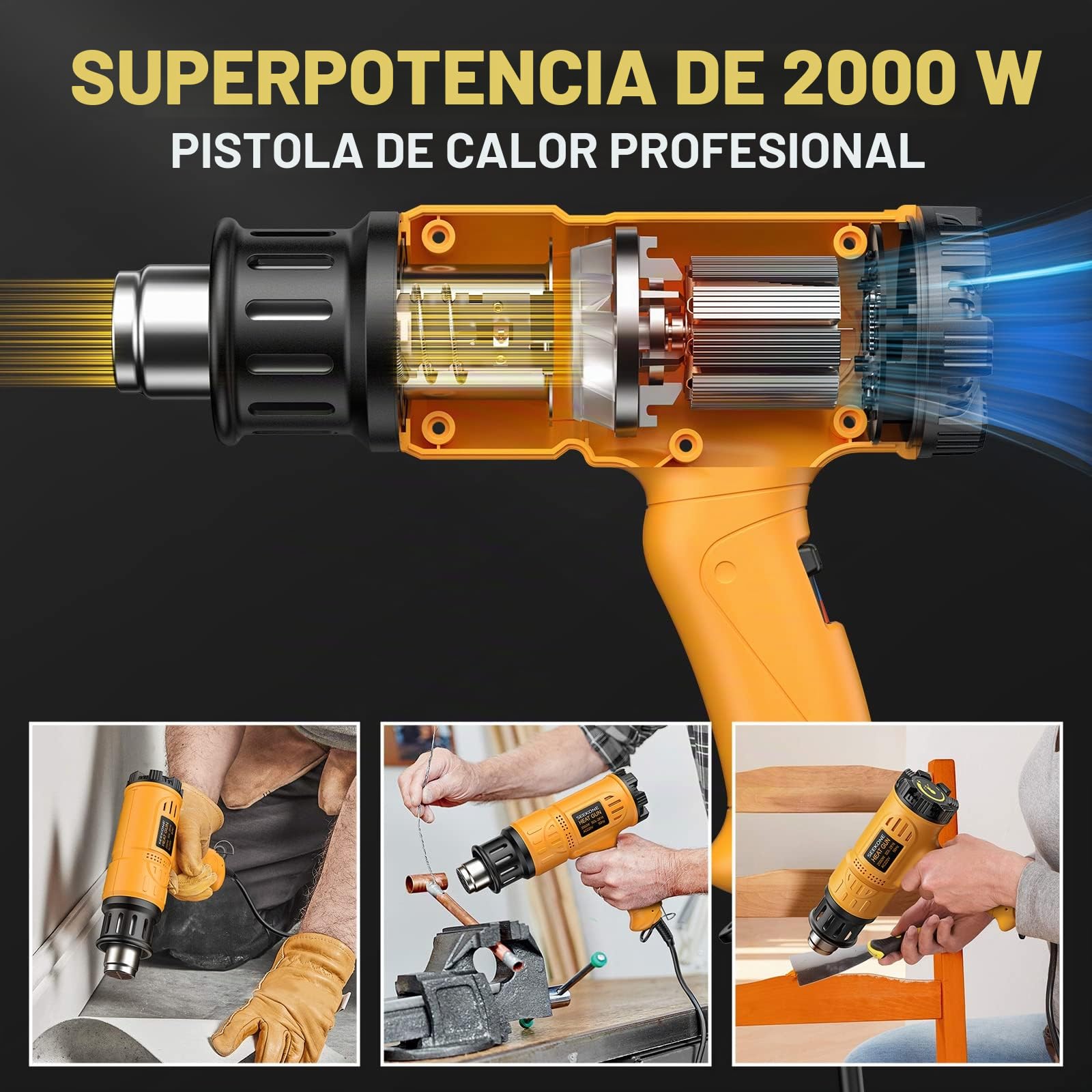 SEEKONE Kit de Pistola de Calor 2000W de Alto Rendimiento, Temperatura Variable 50°C - 600°C Pistola de Aire Caliente con Maletín de Transporte y Protección Contra Sobrecarga, 5 Boquillas