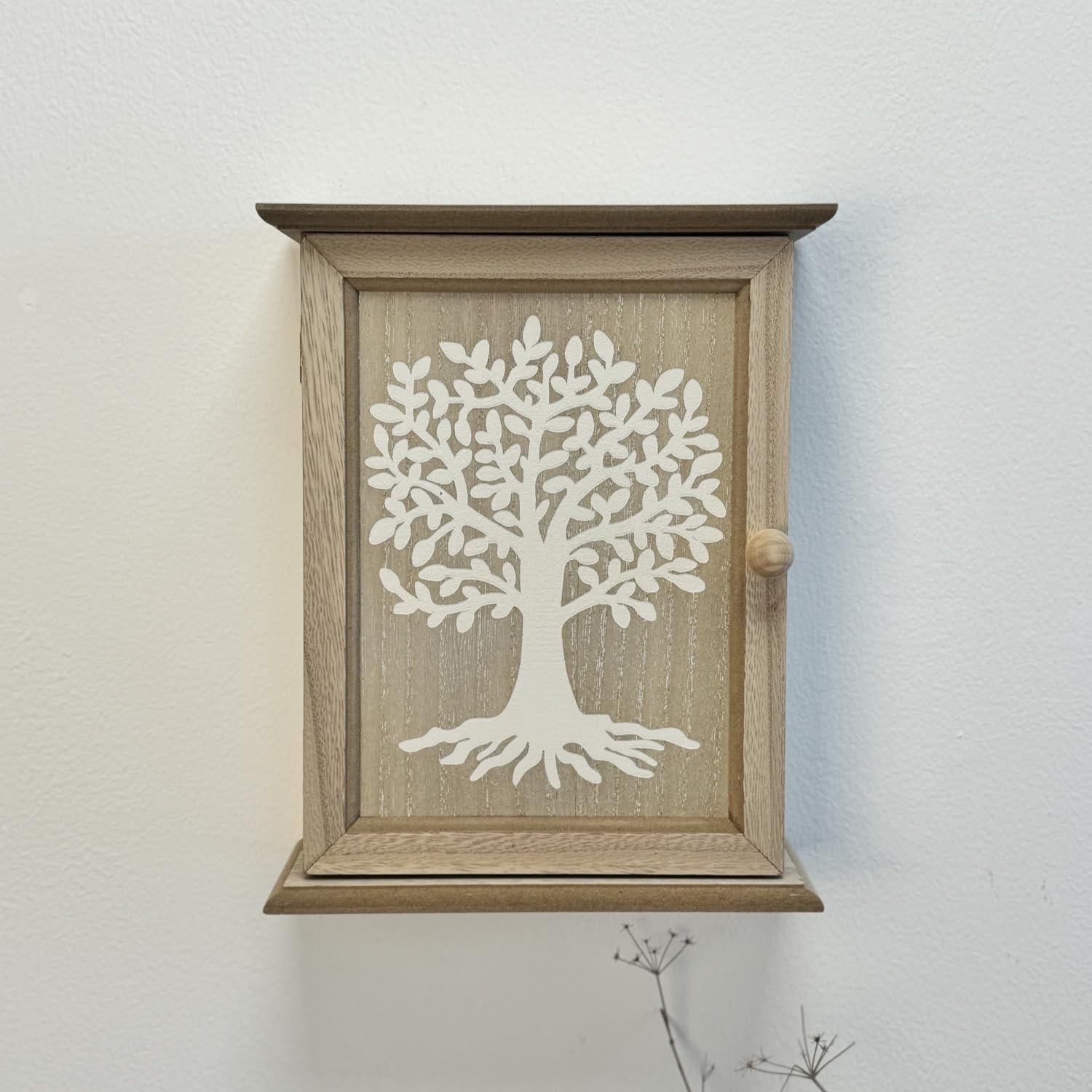 Caja Guardallaves de Madera Decorada Estilo Nórdico con 6 Colgadores de Pared -Arbol de la Vida