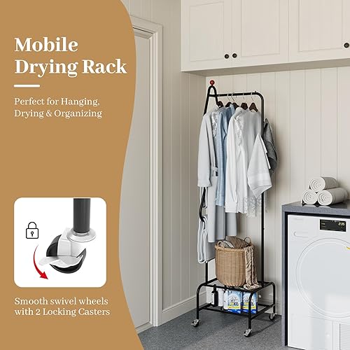 Vista 5 de Perchero de metal para ropa con ruedas y estantes, estantes de ropa portátiles rodantes para colgar ropa, solución de almacenamiento independiente