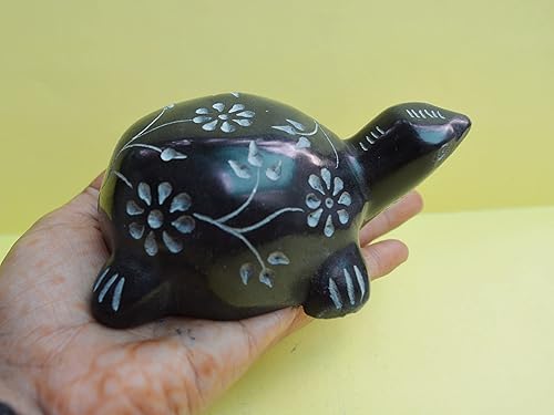 Soapstone - Tortuga tallada de 3 pulgadas, color negro, figura coleccionable de esteatita tallada a mano, escultura de tortuga de la suerte para