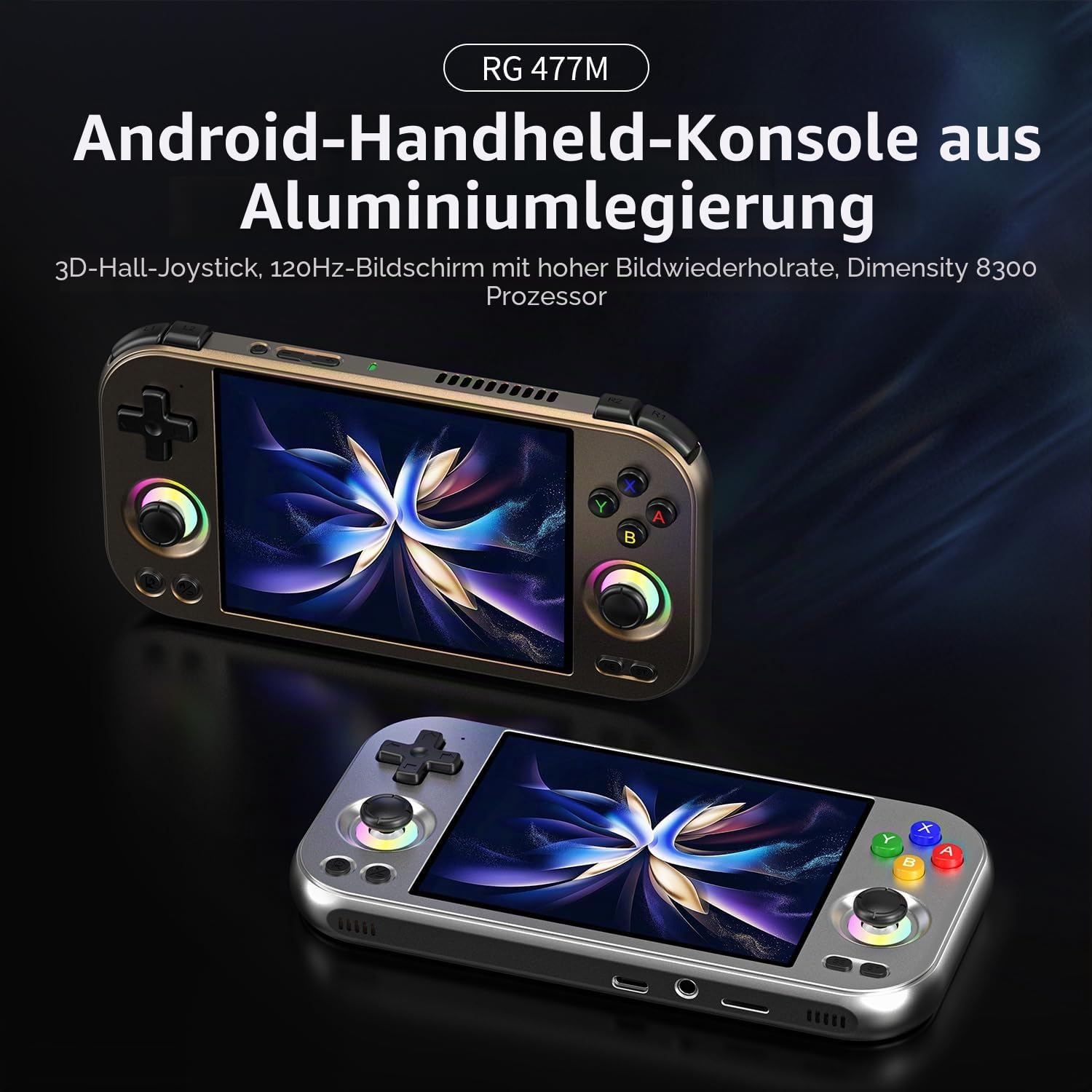 Anbernic RG477M Retro-Handheld-Spielekonsole, Aluminiumlegierung, CNC, Android 14-System, 11,9 cm (4,7 Zoll), LTPS-Touchscreen, Dimensity 8300, Prozessor, unterstützt WiFi 6E, Bluetooth 5.3, 8 + 128