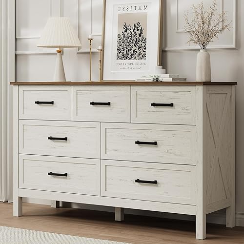 LYNSOM Farmhouse 7 Drawers Dresser for Bedroom, Wood Rustic Wide