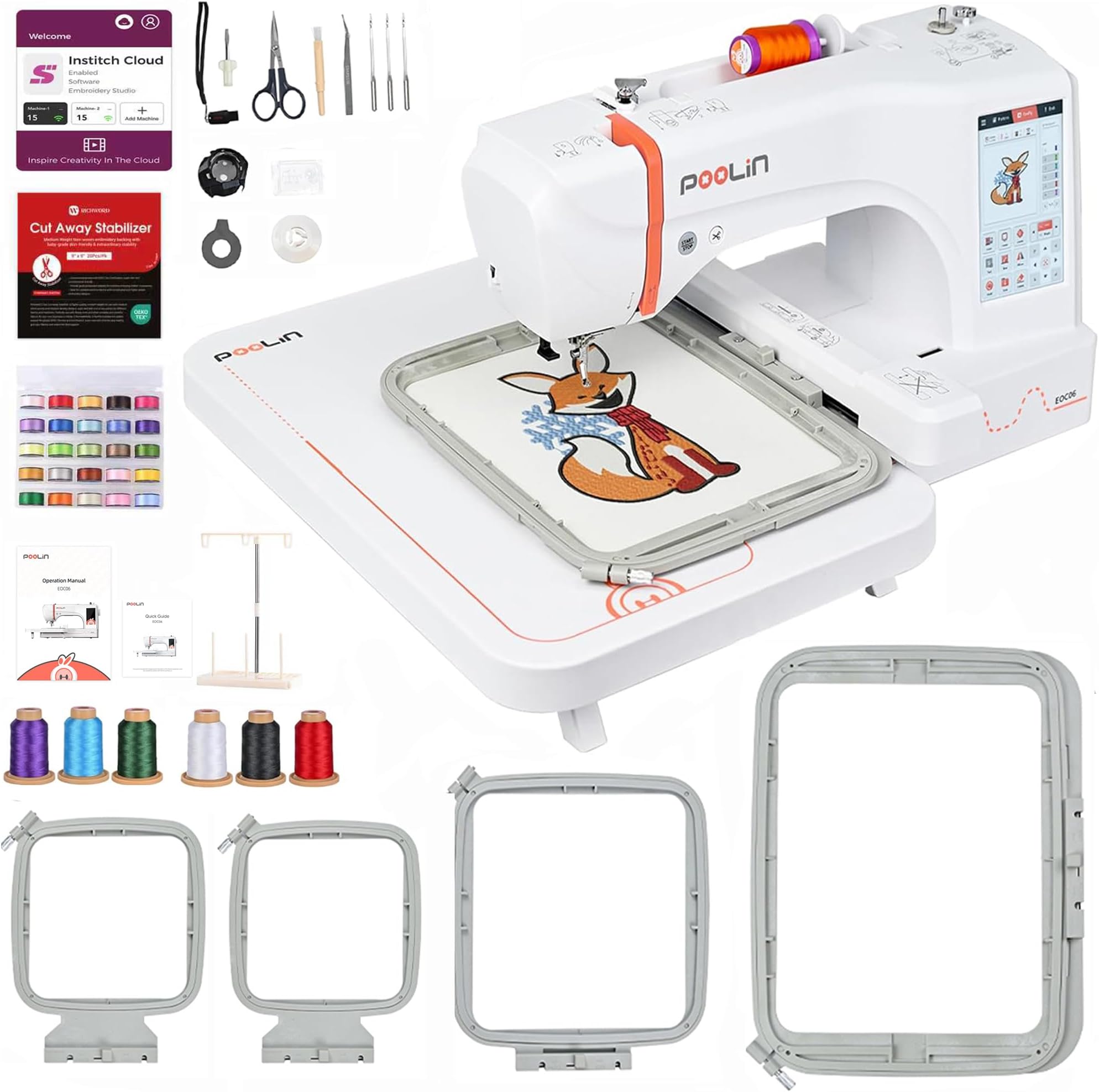 POOLIN EOC06 Embroidery Machine,Large 20x28 cm Area,LCD Touchscreen,USB & WiFi Digital Embroidery Machine,Letters and Patterns Combined,Beginners,Gifts for Mother and Wife
