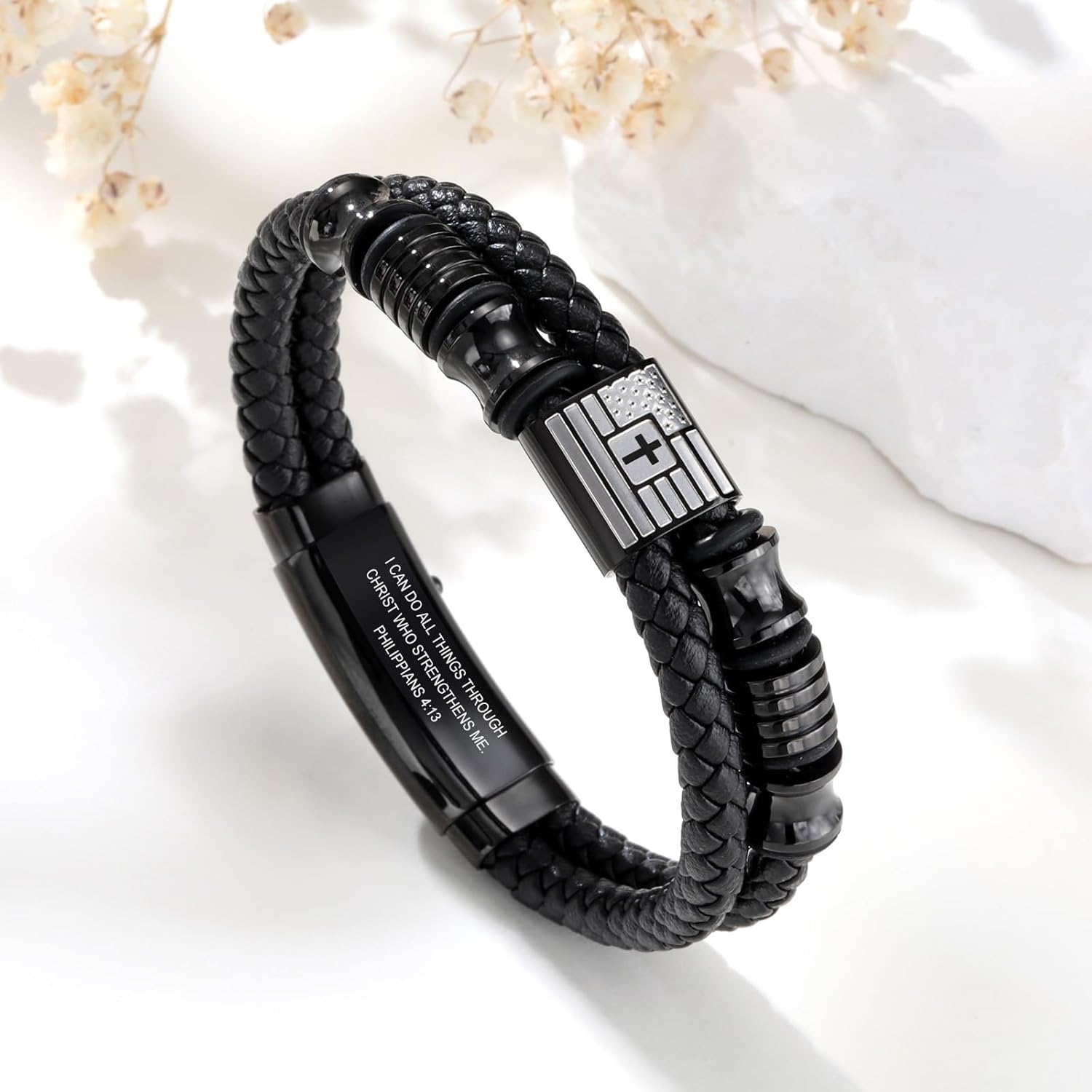 VNOX Cross Bracelet for Men - Double-Row Braided Leather Faith Bible Verse American Flag Bracelets for Men Jewelry Gift Religious Baptism Easter Gifts for Young Men Teenage,Adjustable Wristband - Image 5