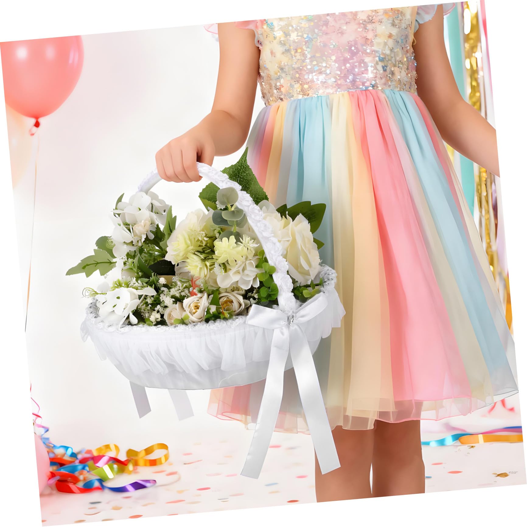 Zerodeko Leichter Hochzeitskorb aus Polyester und Spitze mit Funkelnden Wassersteinen Eleganter Blumenkorb für Kinder bei Hochzeitsfeiern und Banketten