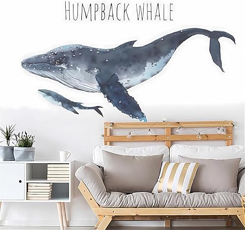 Miniatura 6 de sacinora - Calcomanías de pared de ballena jorobada, calcomanías de pared de animales marinos azules extraíbles, vinilo extraíble para sala de
