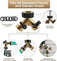 Vista 3 de IPOW Brass Heavy Duty 2 Way Y Valve Garden Hose Splitter Adapter High Flow Spigot Splitter + 6 Rubber Hose Washers with Comfort Grip Use