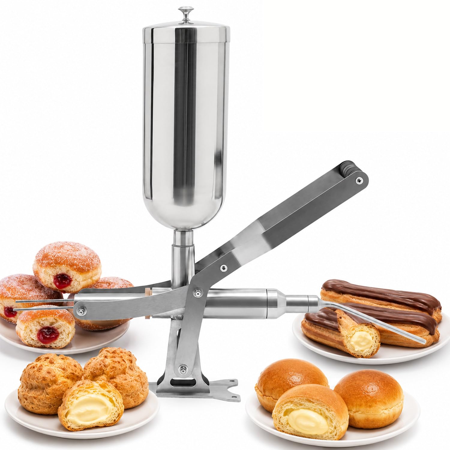 Donut Filler Machine, Manual Donut Filler, 5l Churro Maker, Stainless Steel, With 3 Short Nozzles and 1 Long Nozzle, Adjustable Filling Amount, For Bakeries, Donut Shops, Restaurants, Cafes