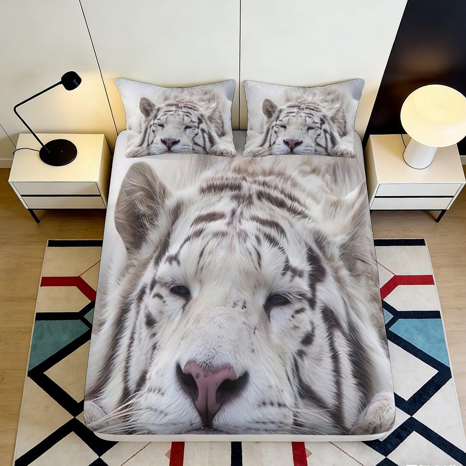 3D Printed White Tiger Fitted Sheet Microfiber Soft Breathable Snow Tiger Bed Cover for Bedroom Dorm Mattress Decor 90x200x25cm