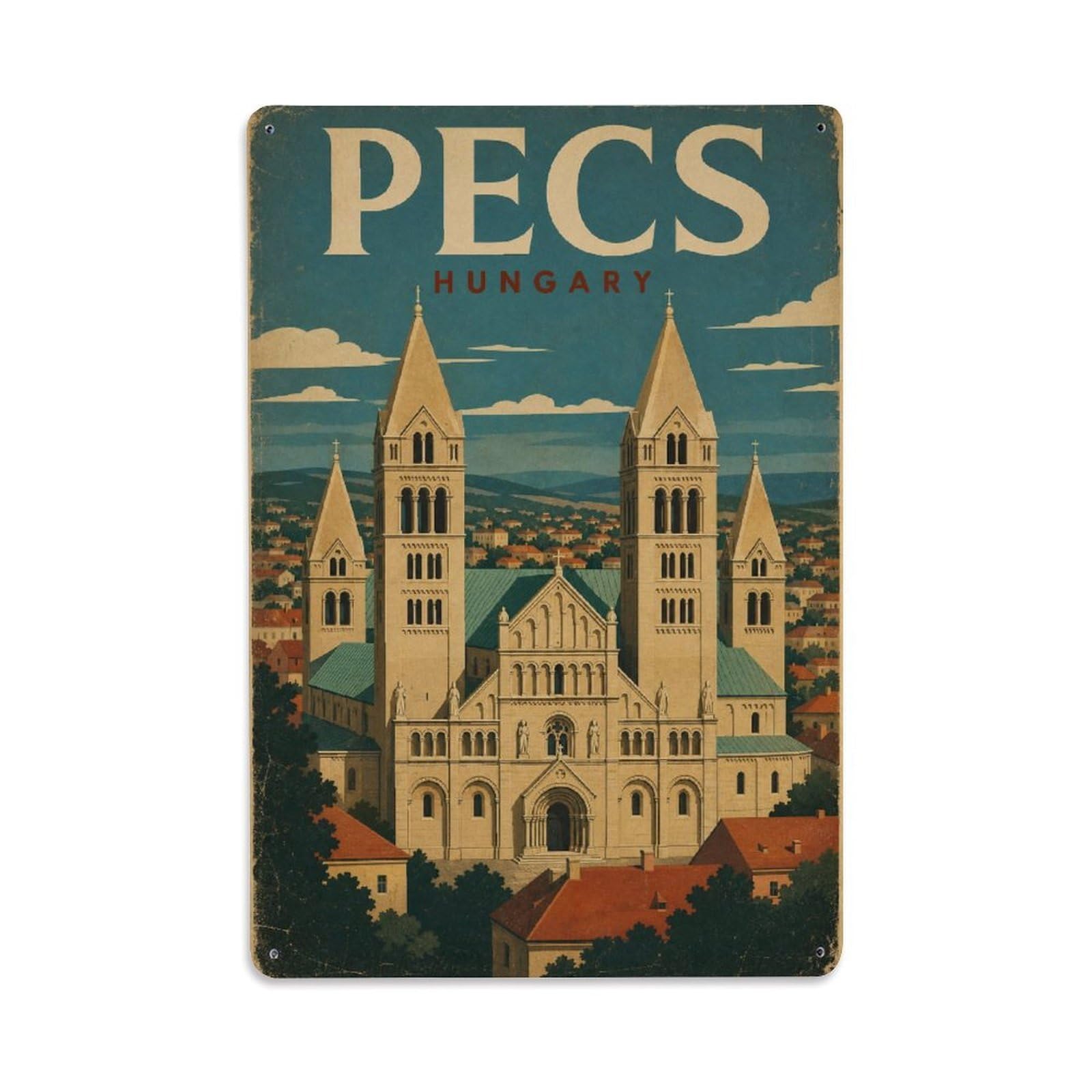 Travel Vintage Hungary Pecs Metal Tin Sign Plaque Wall Decor for Cafe, Club Bar, Office, Garden Metal Poster 8x12Inch