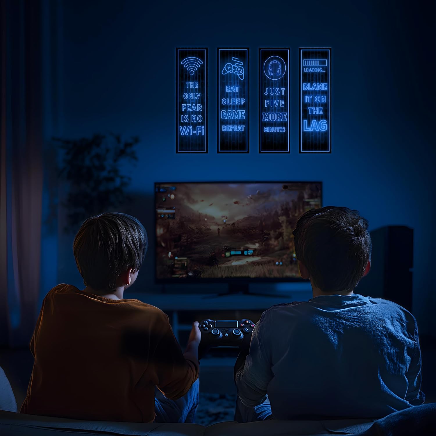 Eat Sleep Game Wall Decals Glow in The Dark, Gamer Controller Stickers Decor for Boy Bedroom, Joystick Video Gaming Kids Playroom Nursery Decoration (Blue)