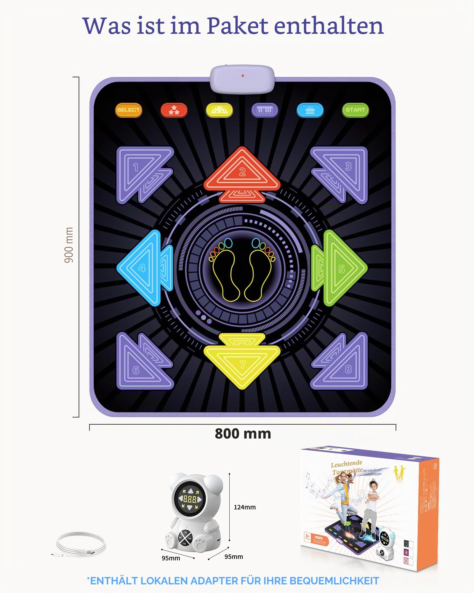 Tanzmatte Kinder - Wiederaufladbares elektronisches leuchtende Tanzmatte mit Bluetooth-Musikplayer & LED-Leuchten & T5 Spielmodi, Geschenk für Mädchen im Alter von 3-12 Jahren, Jungen