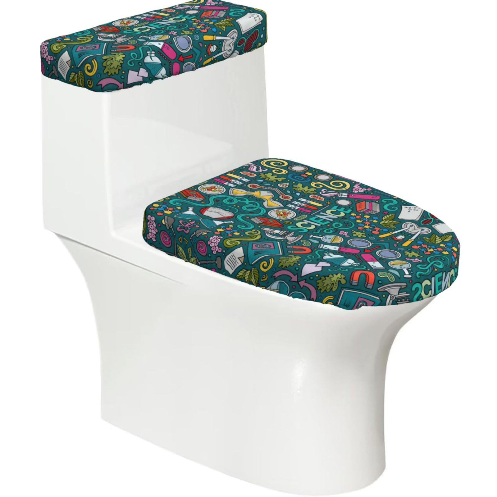 Cartoon Science Theme Printed Toilet Tank and Lid Cover Set of 2 for Most Bathrooms, Fits Elongated Round Toilets