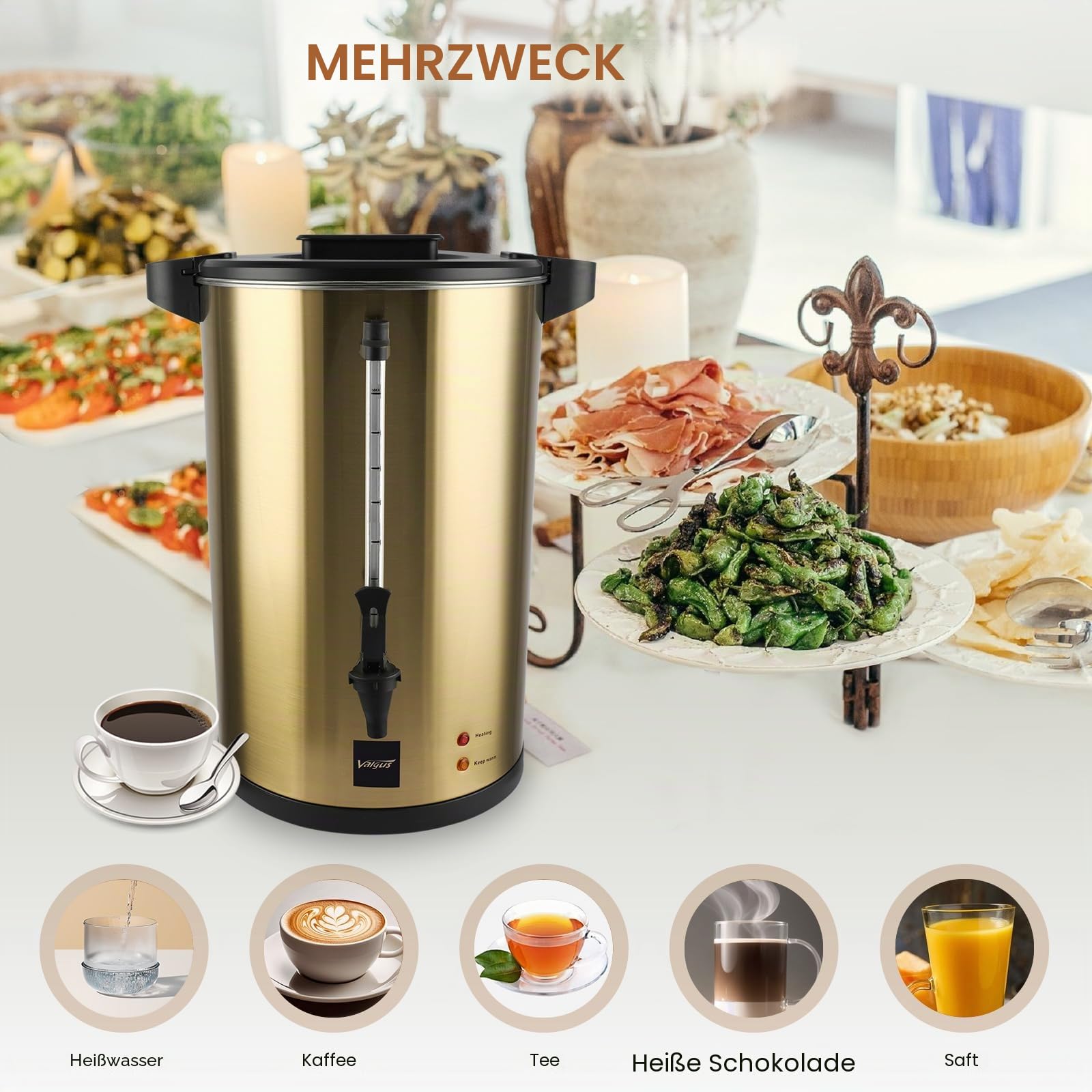 Valgus Kommerzielle Kaffee Urne 55 Tassen 8l Gold Doppelwandige Kommerzielle Edelstahl Kaffeemaschine mit professionellem Kaffeemaschine Wasser-Heizung für Catering Hochzeit Party