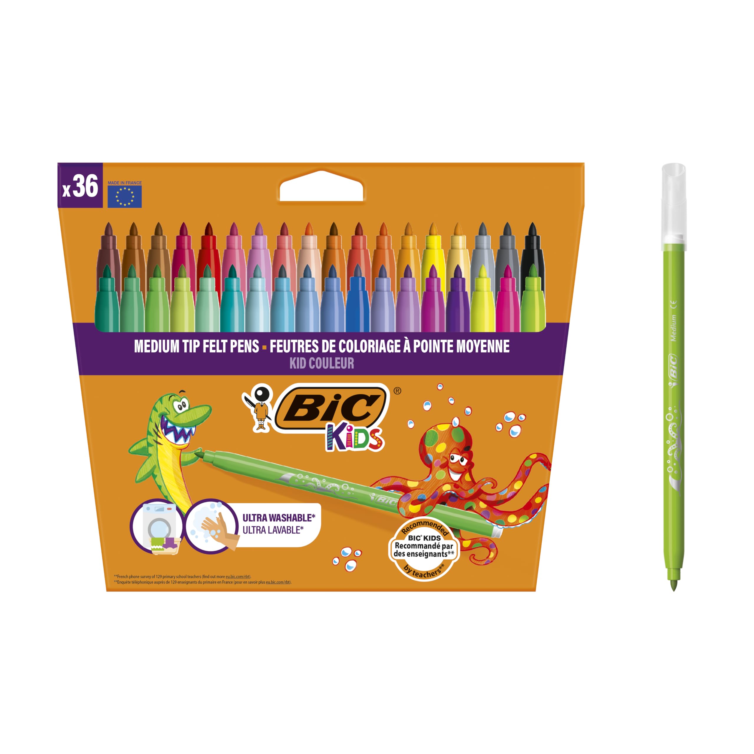 BIC Kids Kid Couleur, Rotuladores Lavables para Niños, Punta Media, Colores Surtidos. Ideales para Actividades Creativas. Estuche de 36 Rotuladores.