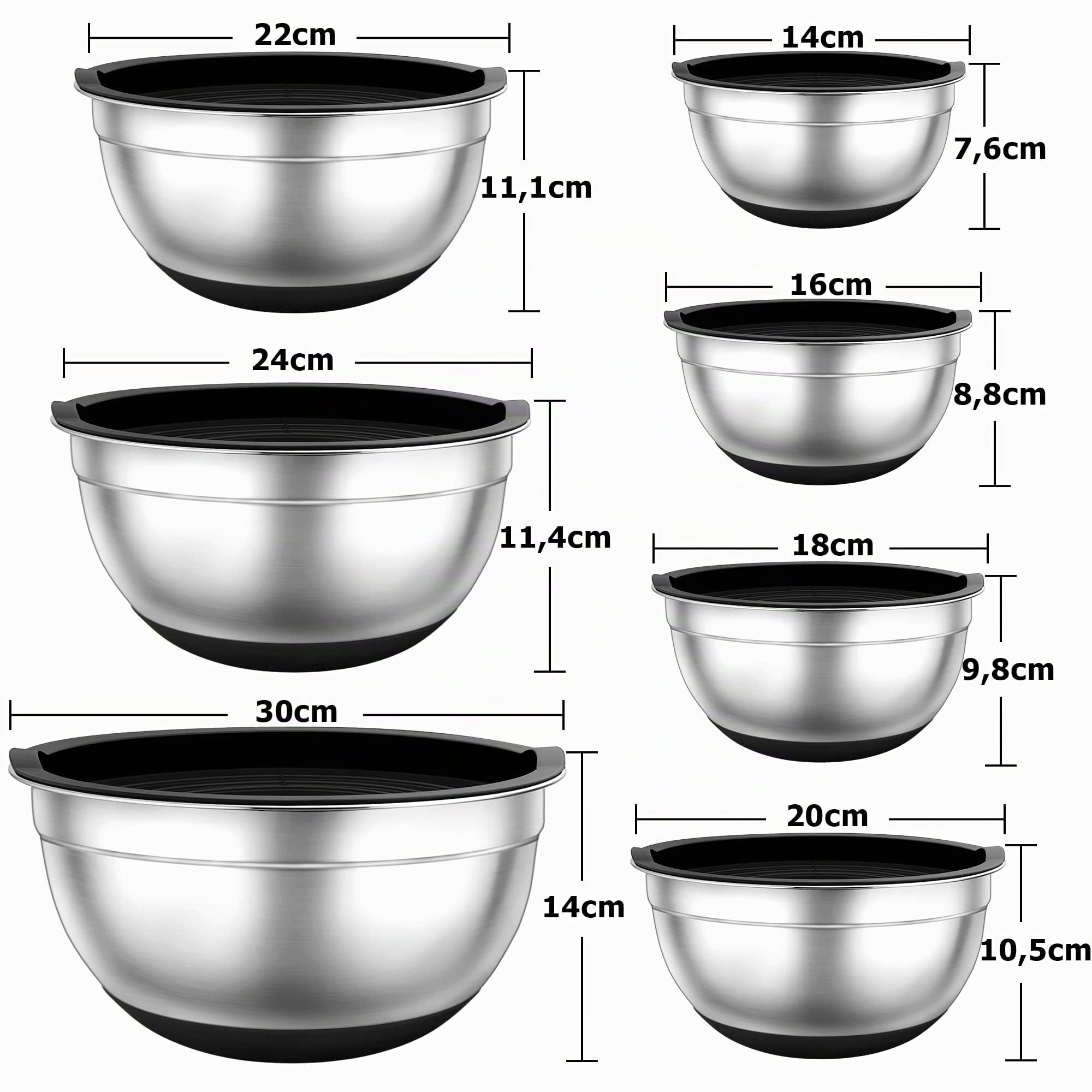 TEAMFAR Rührschüssel 7er Set, Edelstahl Schüssel Salatschüssel Set Schwarz | Stapelbar Schüssel Set, Luftdichten Deckel, Rutschfest Silikonboden, 0,7L/ 1,2L/1,5L/2,5L/2,8L/3,5L/6,5L, Spülmaschinenfest