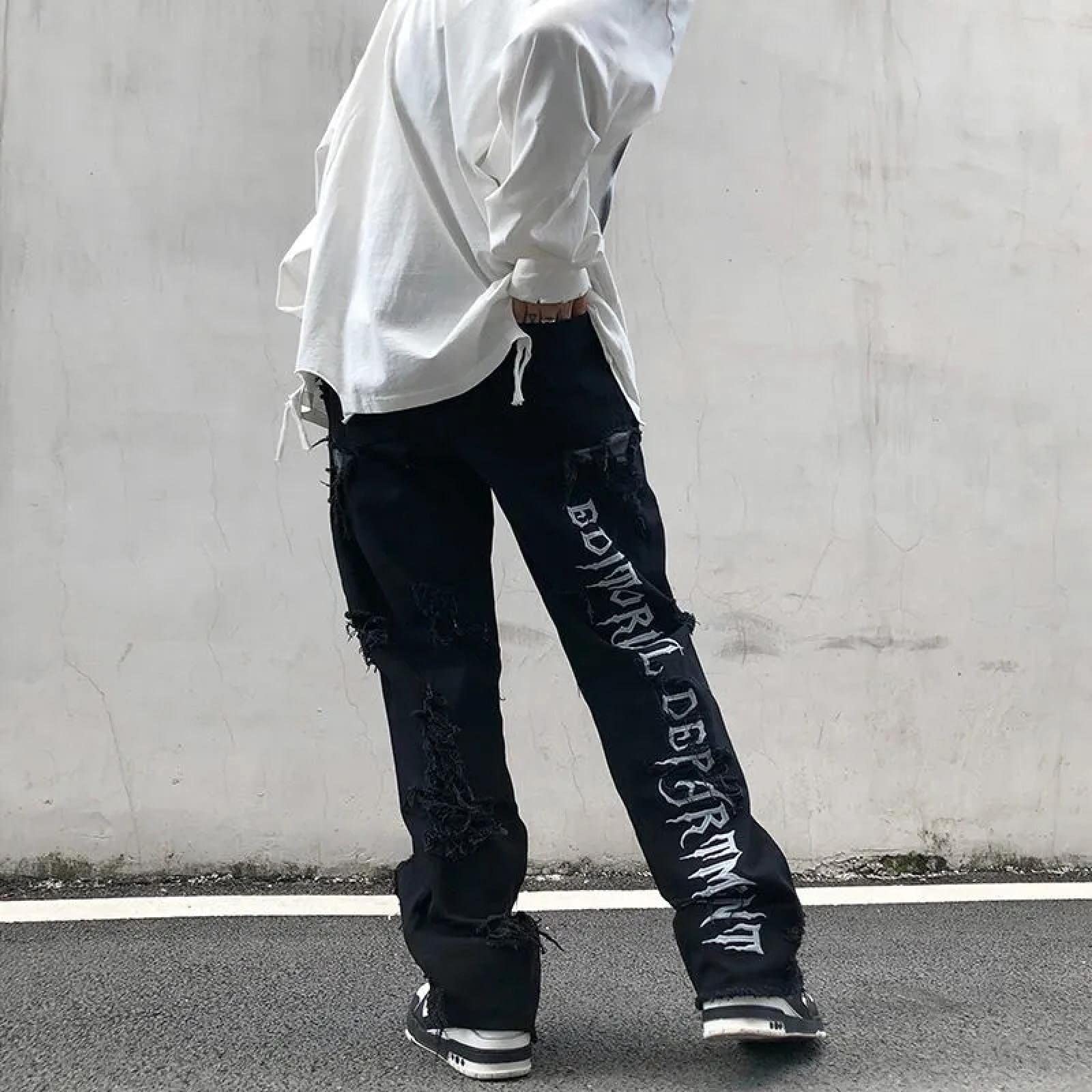 Jeans Herren Jeanshosen Hose Freizeithose Stickerei Jeans Herren Streetwear Loose Destroyed Ripped Jeans Homme Hip Hop Broken Biker Denim Pants Schwarz