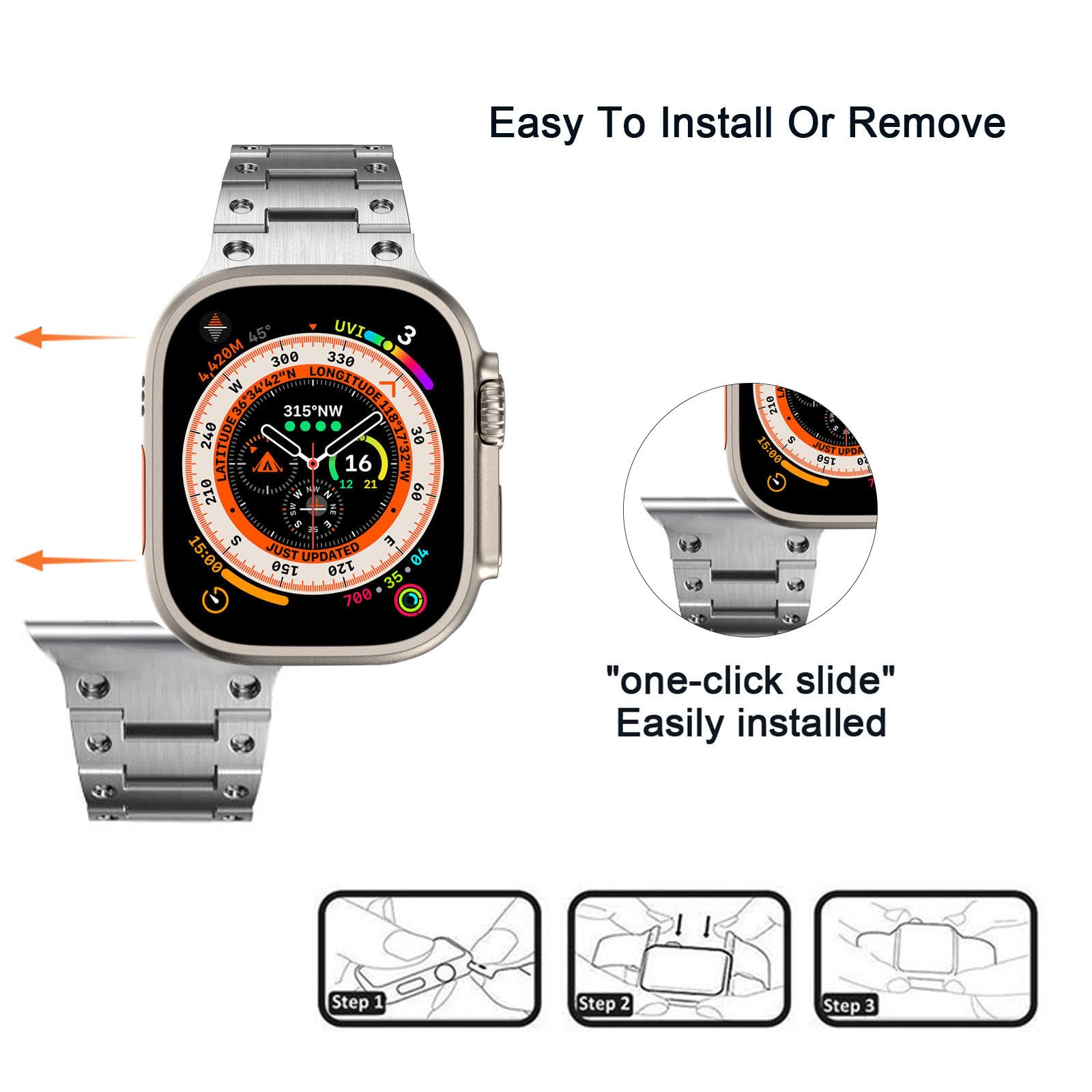 Pasek kompatybilny z zegarkiem Apple Watch 49 mm, 45 mm, 44 mm, 42 mm, 41 mm, 40 mm, 38 mm, metalowy regulowany pasek biznesowy ze stali nierdzewnej do iWatch Ultra 1, 2, serii 9, 8, 7, 6,