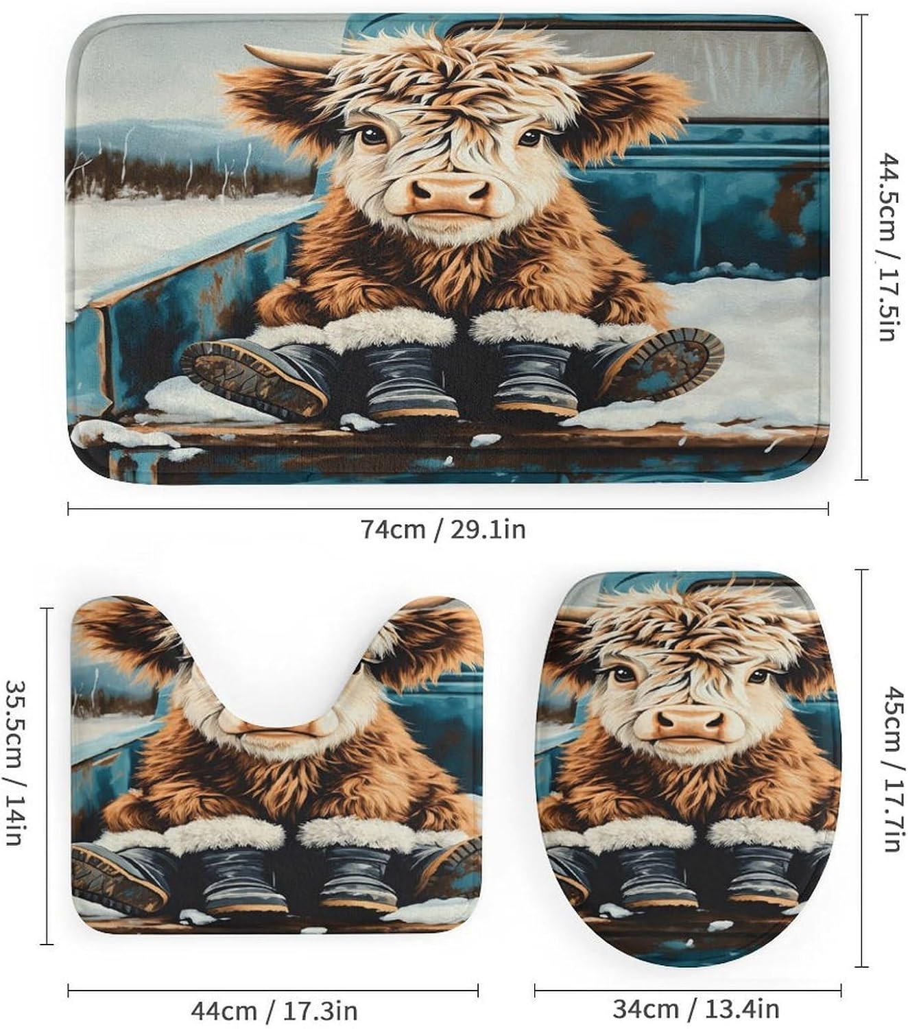 Cute Cow in Boots Winter Truck 4 PCS Bathroom Set with Shower Curtain Rugs, Ultra Soft Coral Fleece Bath Mat, U-Shaped Rug, Toilet Lid Cover, 72" X 72"