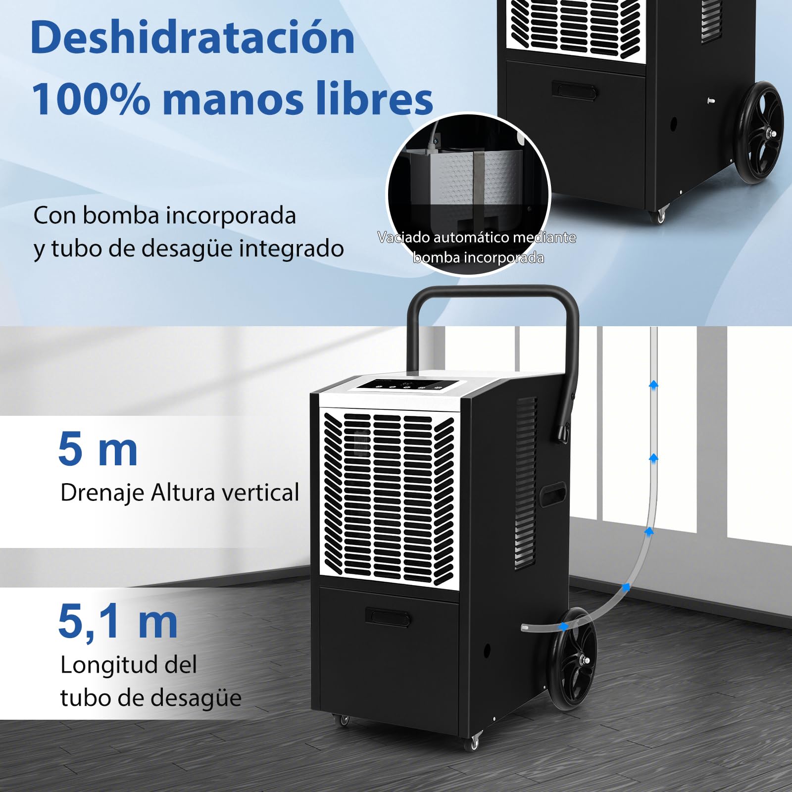 SOARS Deshumidificador Industrial 66L/Día con Bomba de Desagüe Automática y Manguera de Desagüe, Filtro Extraíble, Ruedas para Habitaciones de Hasta 418 m², Temporizador 24H (Blanco)