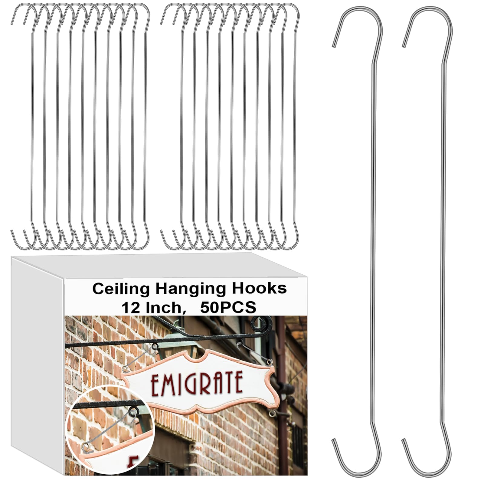 Zonon 50 Pack 12 Inches l Metal Double C Hooks Ceiling Hooks for Banners, Posters, Signs Display Hanger for Ceilings and Windows : Home & Kitchen