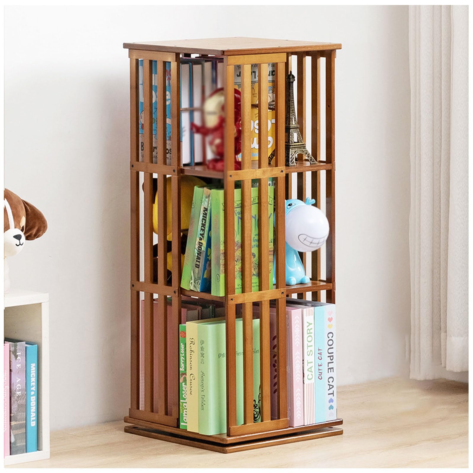 Lshtshf-Ou Light Walnut 360 Display Rotating Bookshelf Bamboo Organizer Wooden Bookcase Corner Tall Book Shelf Modern With Open Design Shelving Unit(,3Rd Floor-Tier)