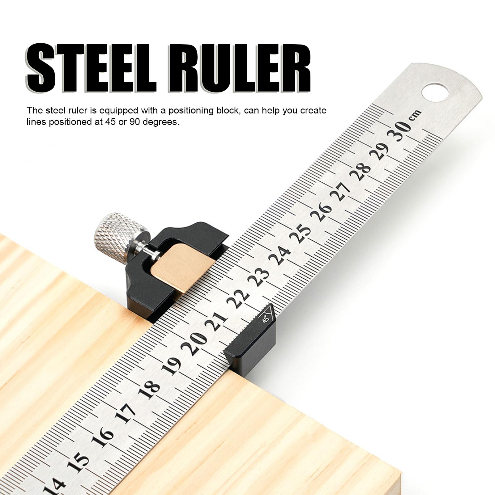 Steel Slide Stop Ruler, 30cm Imperial Metric Measurement with Positioning Block, Woodworking Scribing Tool for 45 90 Degree Angles - Image 2
