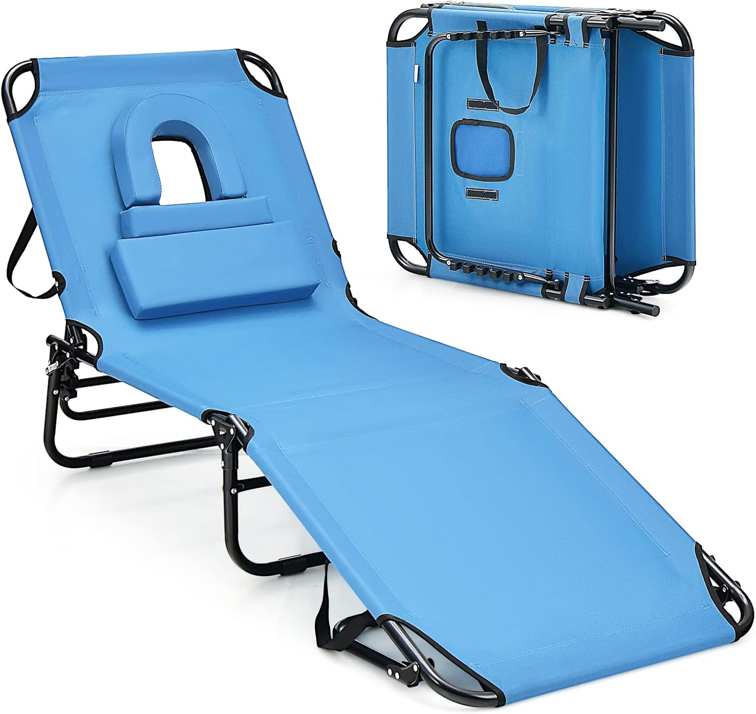 HAPPYGRILL Foldable Beach Chaise Lounge Chair with Face Hole & Detachable Pillows, Portable Sunbathing Tanning Chair with 5 Adjustable Positions, Outdoor & Indoor Recliner for Beach Camping Patio