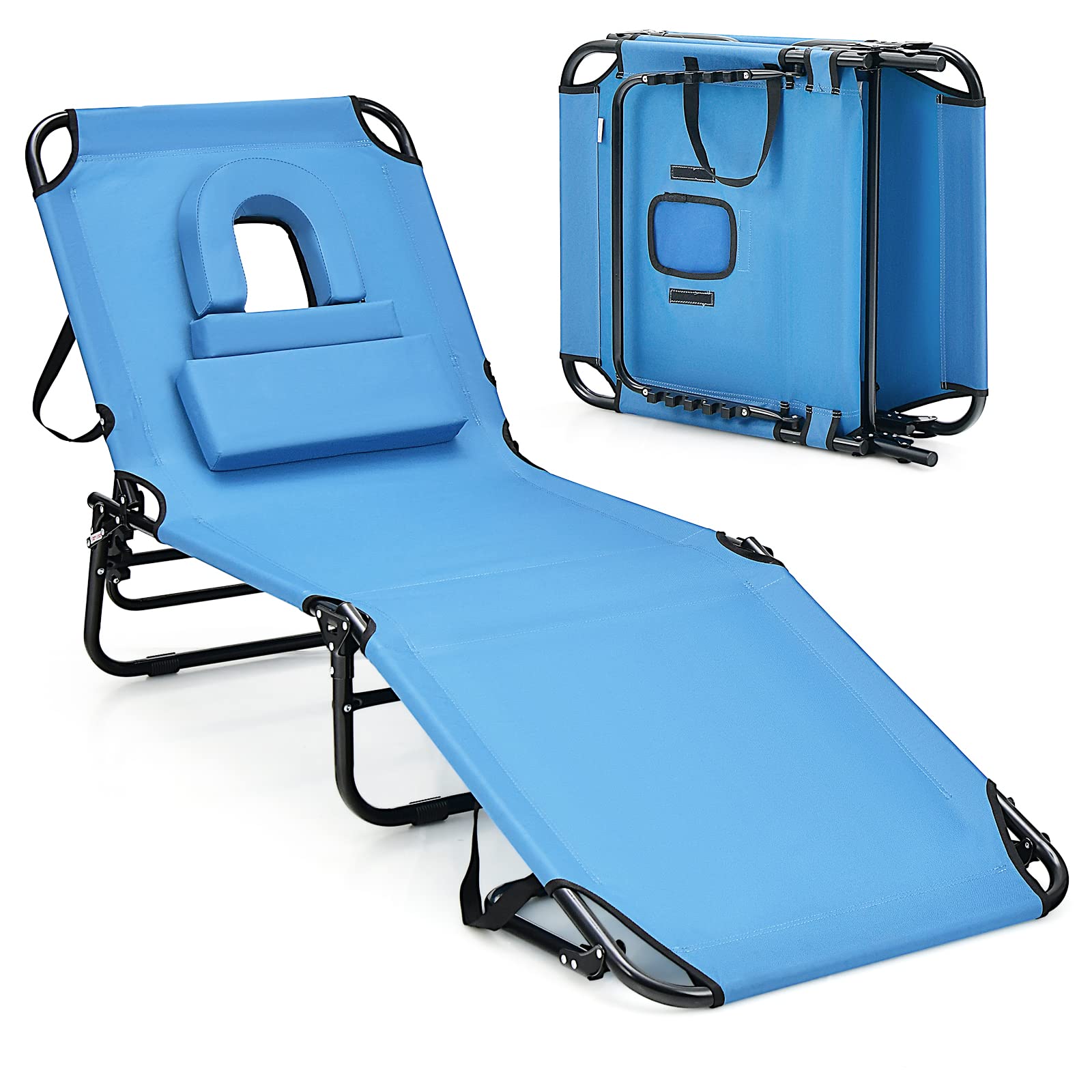 Multigot Folding Sun Lounger, 4-Position Adjustable Reclining Chair Tanning Chair with Face Hole and 3 Removable Pillows, Outdoor Sunbathing Face Down Chaise Chair for Beach Patio Poolside (Blue)